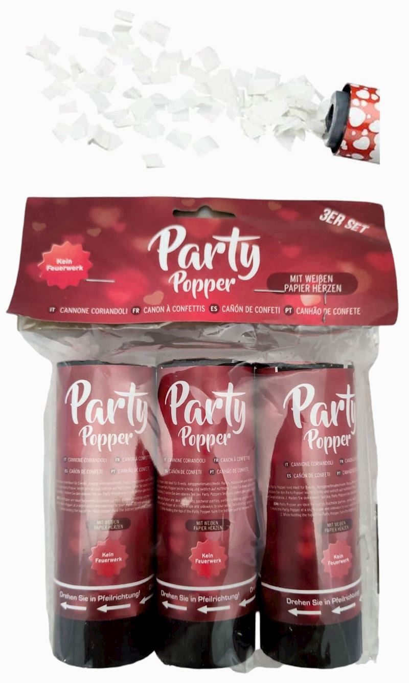 Party Popper Love 3er Set 10 cm weisse Papier Konfetti