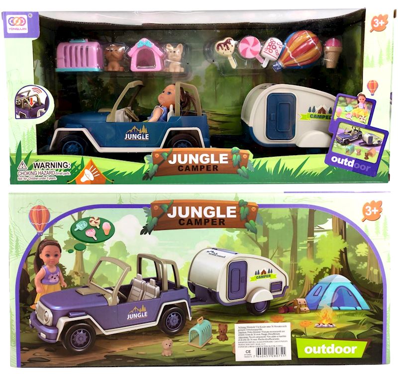 Puppenset mit Auto und Wohnwagen mit Sound 35 cm
