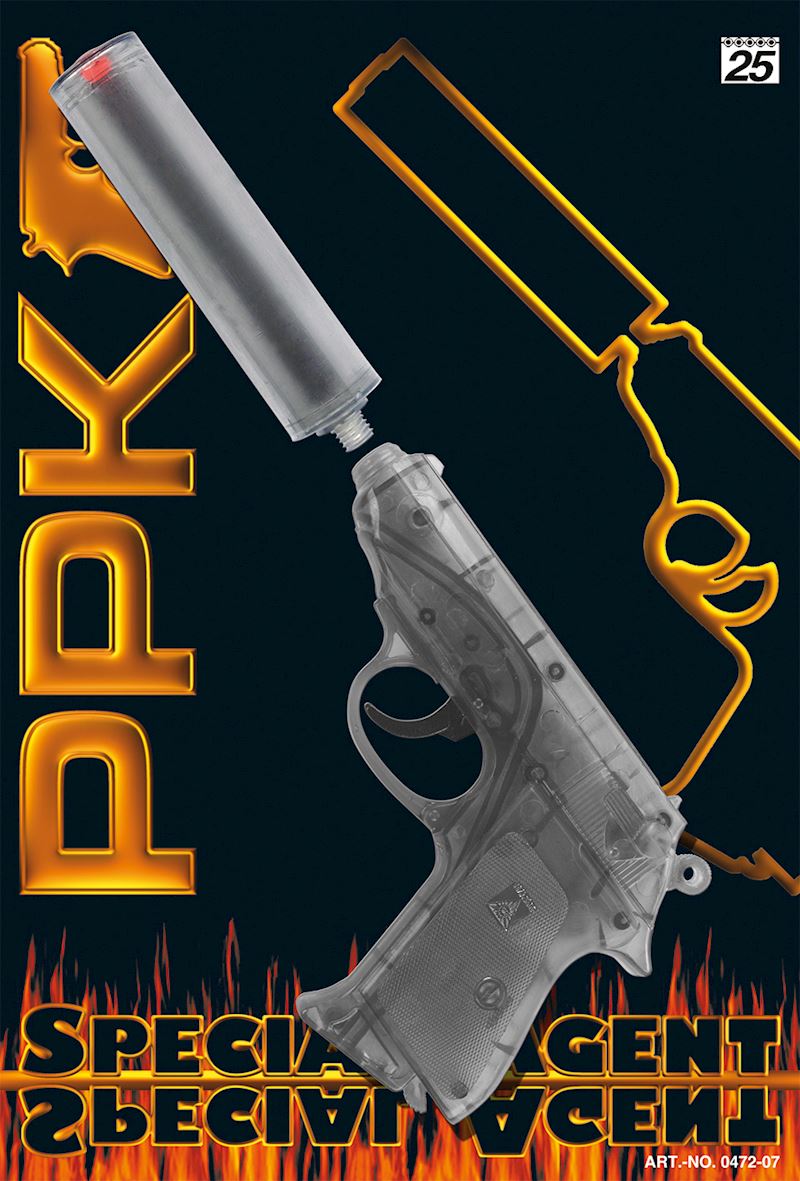 Pistole PPK transparent 25 Schuss mit Schalldämpfer