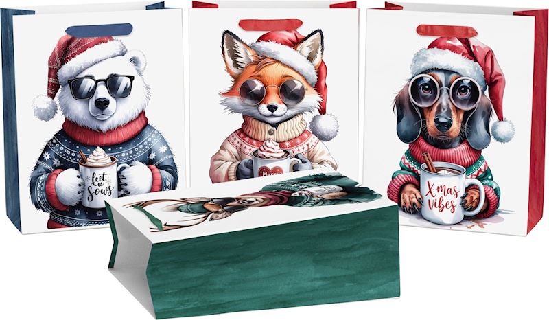 Sac cadeau Noël animaux 23x18x10 cm, 4 ass.