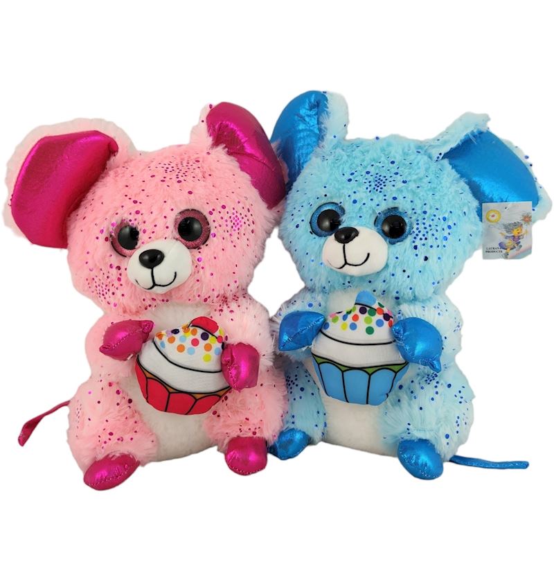 Plüsch Maus mit Cupcake 30 cm mit Glitterpunkten 2 Farben