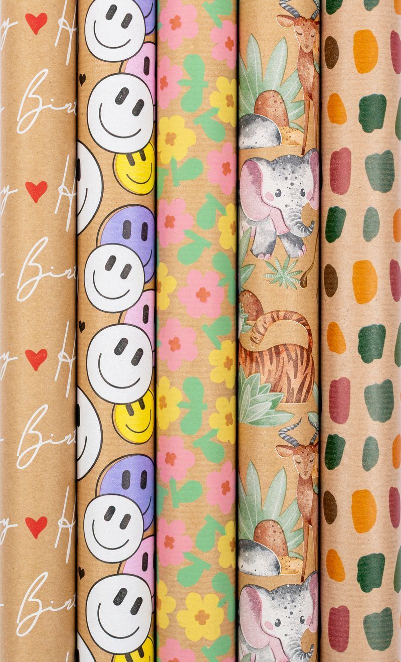 Geschenkpapier Recycling 2 m x 70 cm, 5 sort.