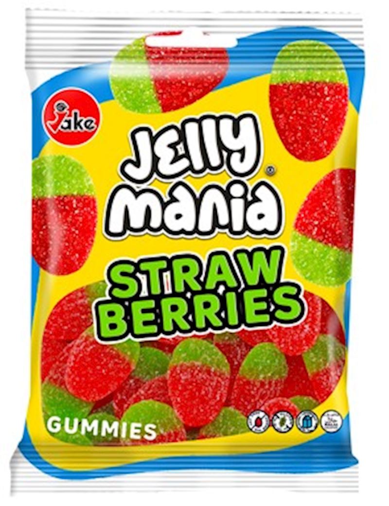 Jake Jellymania Strawberries halal, sour, 100 g en sachet