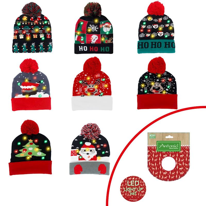 Bonnet d'hiver Noël LED lumineux 8 ass