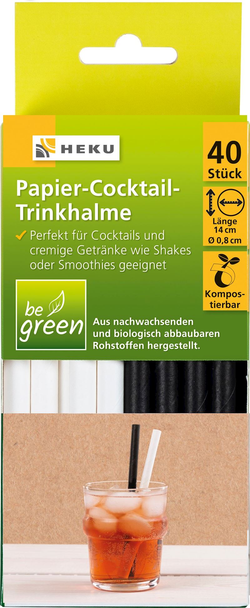 Trinkhalme 40 Stk. be green 14 cm Papier schwarz/weiss