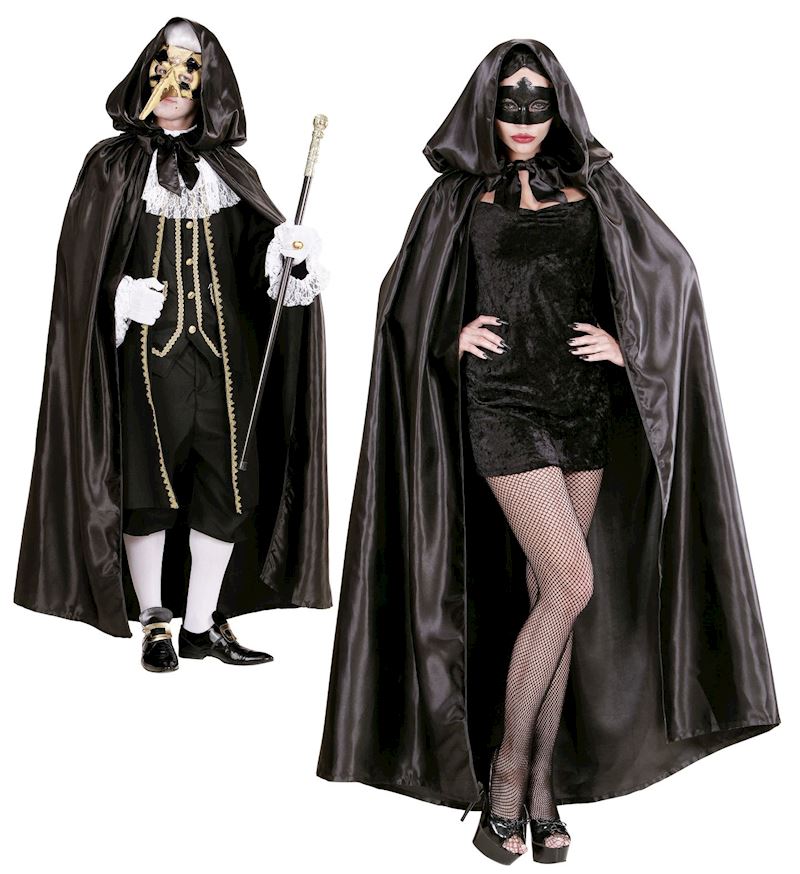 Umhang Satin mit Kapuze schwarz 145 cm lang