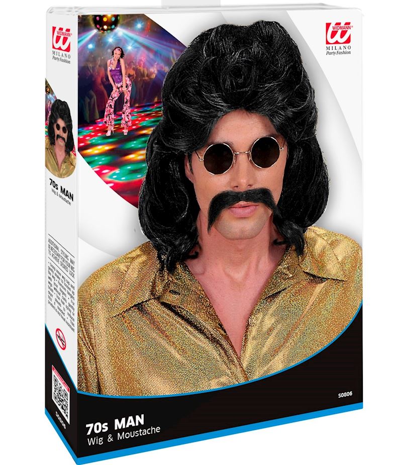 Perruque homme ans 70 avec moustache noire