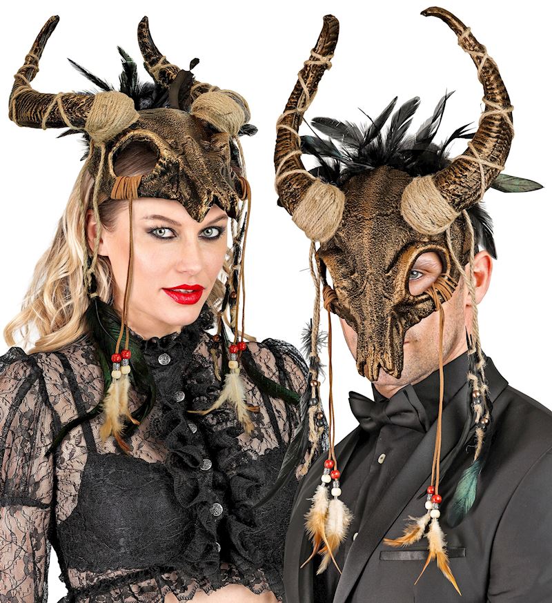 Schamanen Maske mit Hörner und Federn auf 2 Arten anzieh-