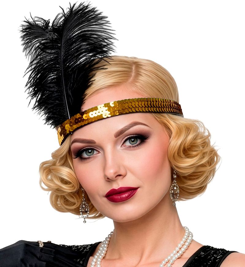 Stirnband 20er Jahre gold mit Pailetten und Feder