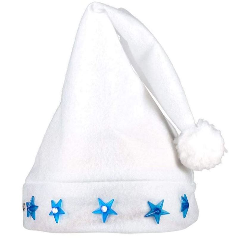 Weihnachtsmütze weiss mit Sternen, inkl Knopfbatterien