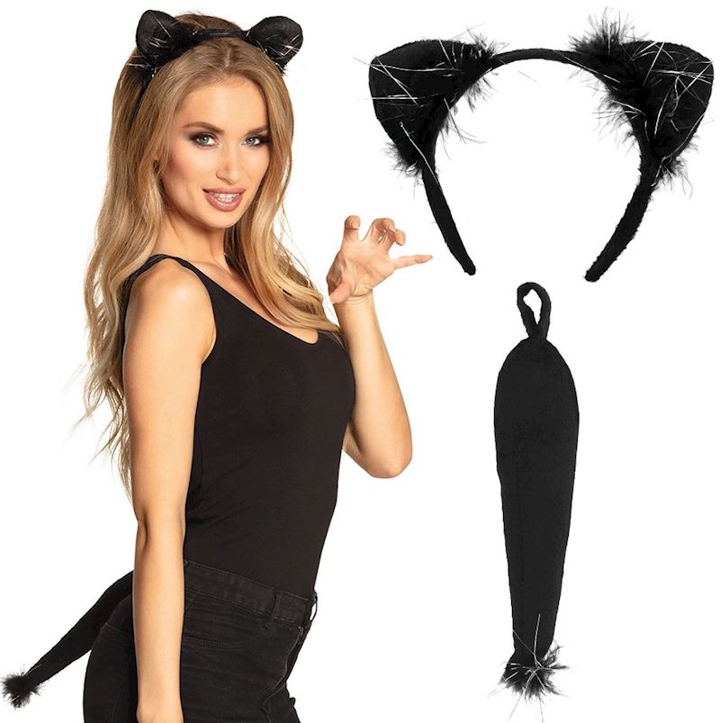 Set Katze Haarreif und Schwanz schwarz mit Glitter Tiara
