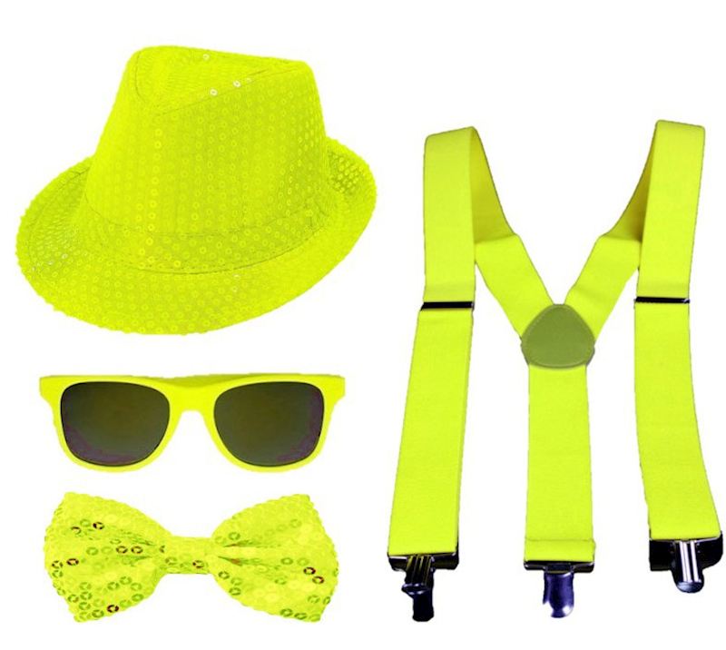 Party set bretelles, papillon, lunettes et chapeau, neon