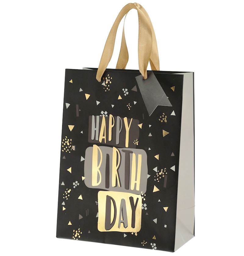 Sac cadeau noire, or Happy Birthday, 23 cm