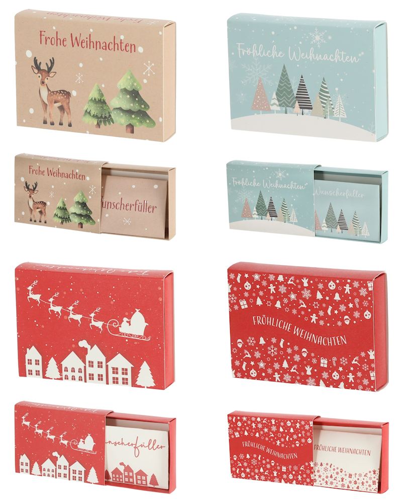 Geldgeschenk Box 10x7x2 cm Weihnachten 4 sort.