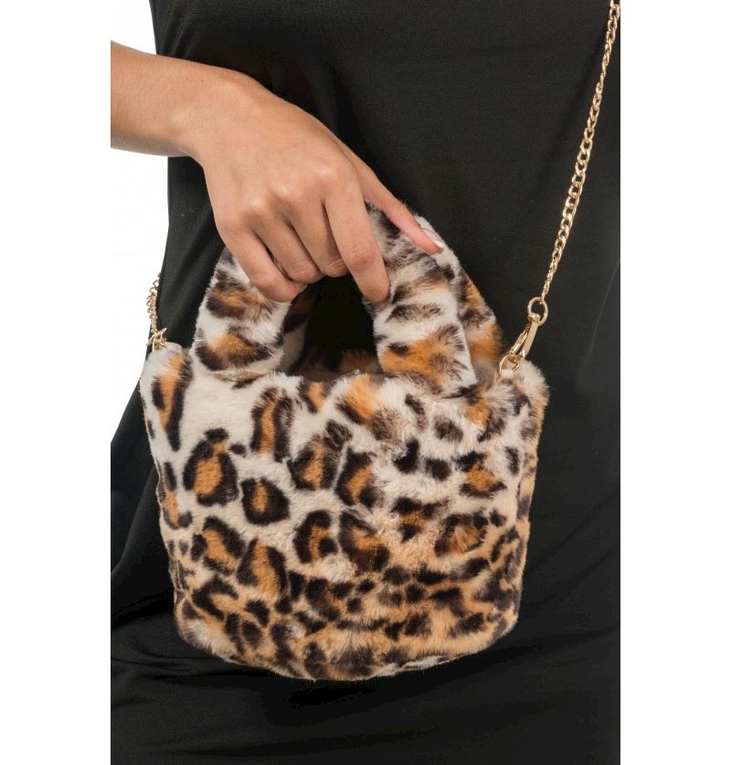 Tasche klein aus Kunstfell Leopard, 22x12 cm, braun
