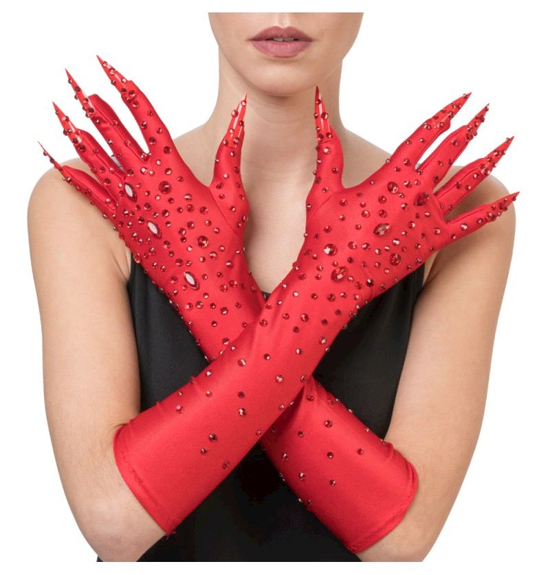 Teufelin Handschuhe rot mit Strass und Nägel