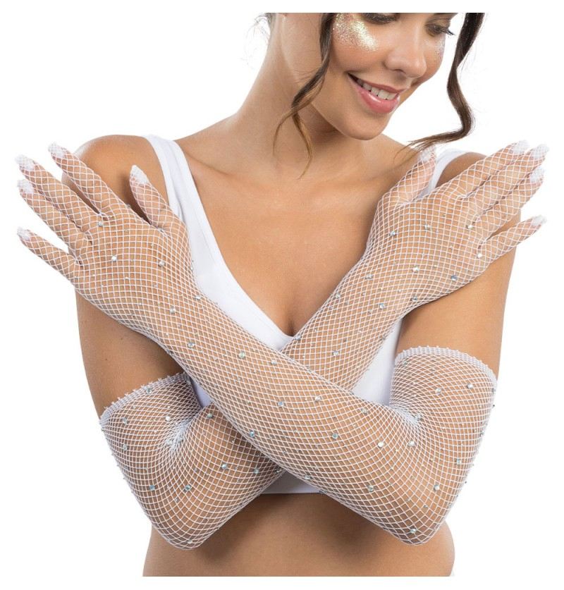 Netzhandschuhe mit Strass weiss, 45 cm