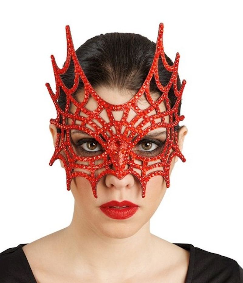 Demi masque toile d'araignee strass rouge, 21x2.5x20 cm