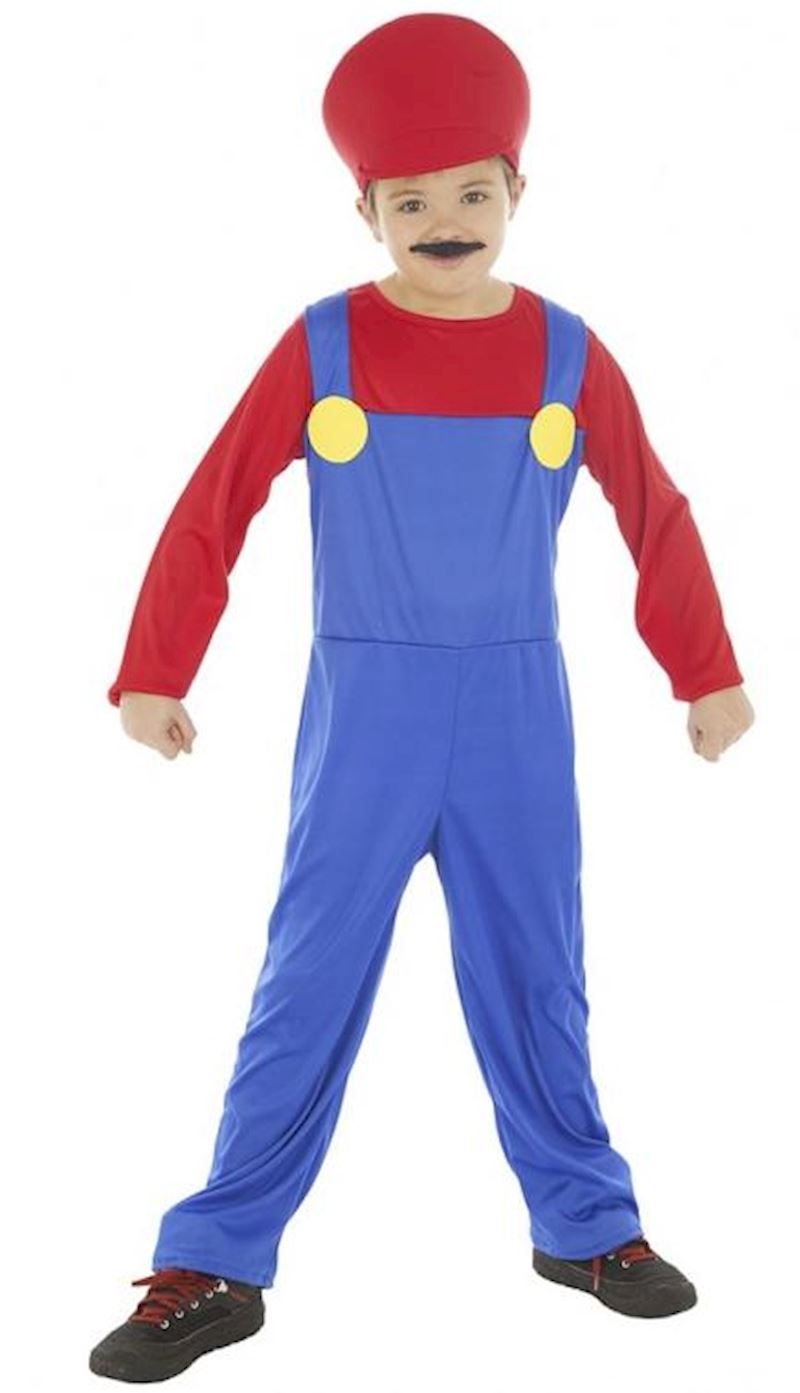 Kostüm Klempner Grösse 128 cm rot/blau Hose, Shirt, Mütze
