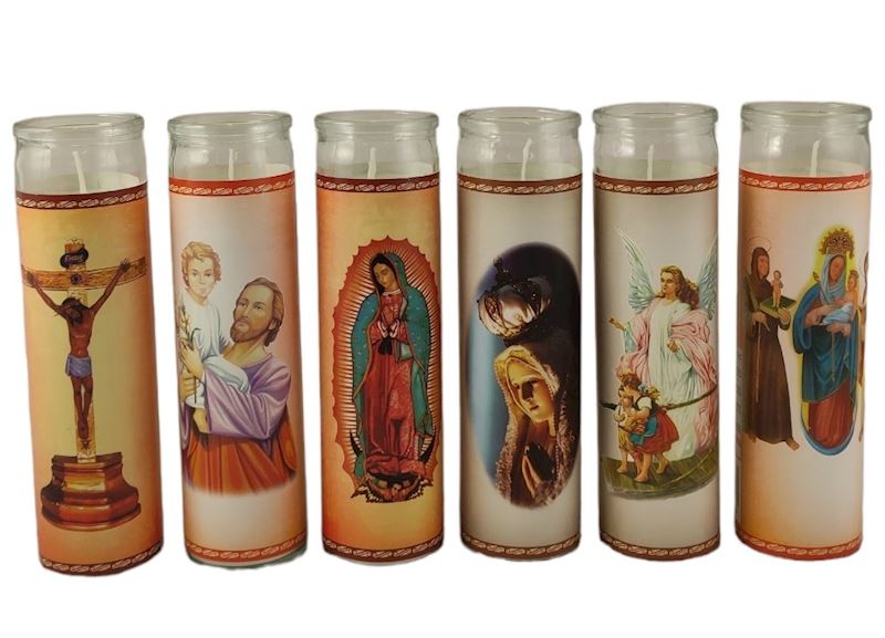 Kerze im Glas mit religiösen Bilder 20 cm 6 sort.