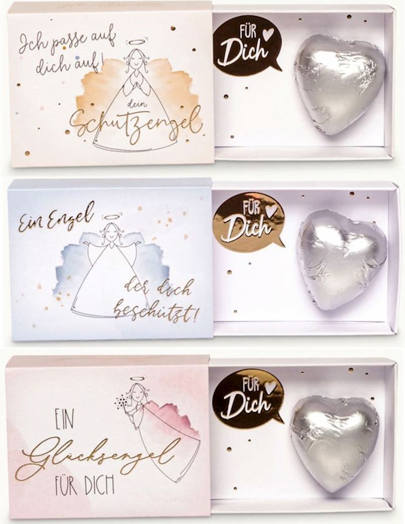 Schiebe-Box Schutzengel mit belgisches Pralinenherz 13 g