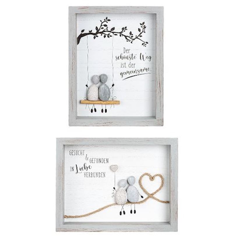 Bild im Holzrahmen mit Steinen & Spruch 2 sort. 25x20 cm