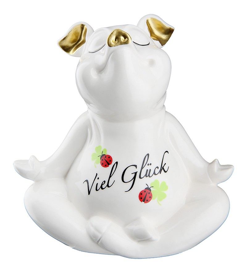 Porzellan Yoga-Schwein, weiss Viel Glück 7 cm
