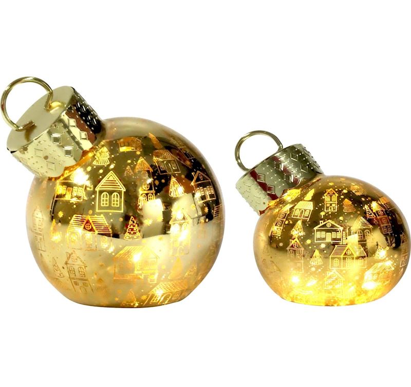 Christbaumkugel aus Glas, LED gold 2er Set 12/9 cm mit Timer
