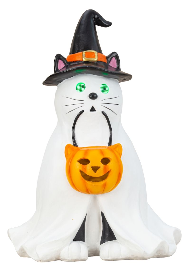 Chat fantôme d'Halloween aux yeux lumineux, 46 cm