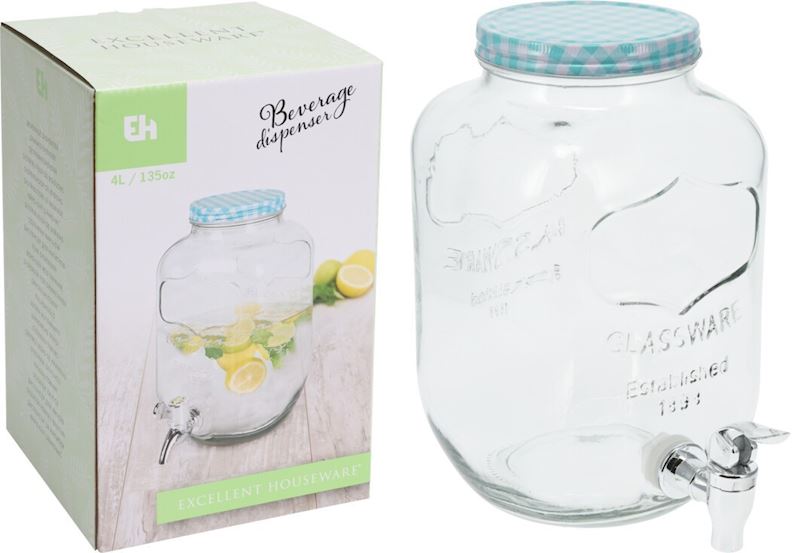 Getränkespender aus Glas 4 Liter 4 Farben sort.
