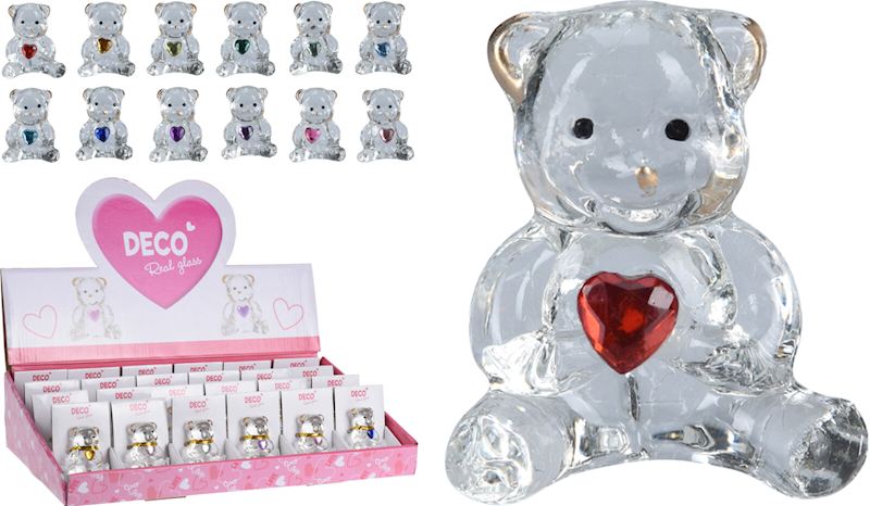 Glasbär mit Herz 4 cm 12 sort.