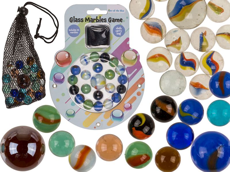 Jeu de billes en verre avec sac en tissu, 22 pilles, 3 ass