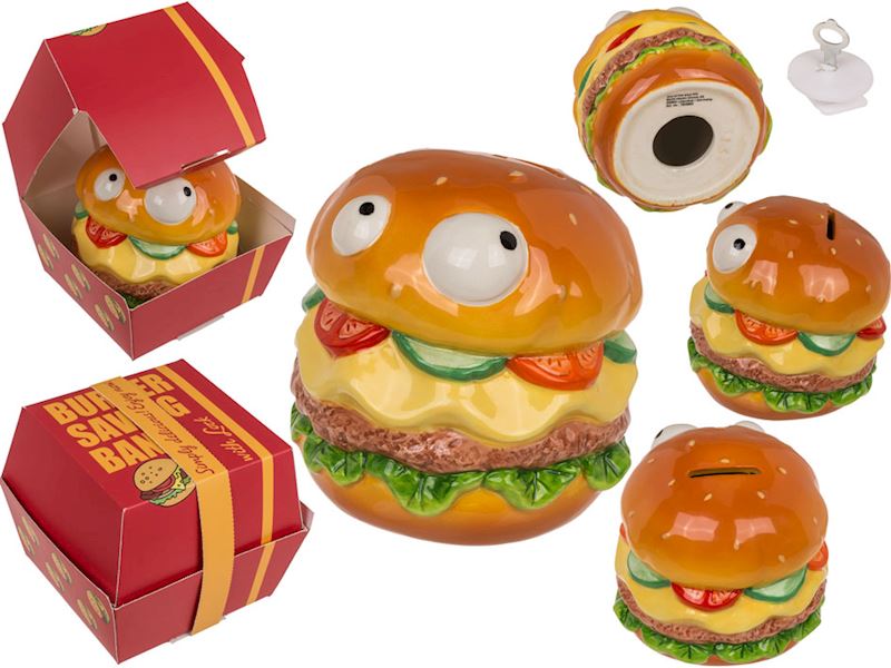 Tirelire Burger avec yeux dans box, céramique 12x11 cm