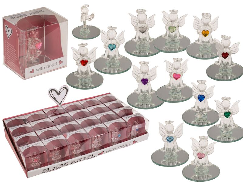 Ange en verre avec coeur, 5cm 12 ass.