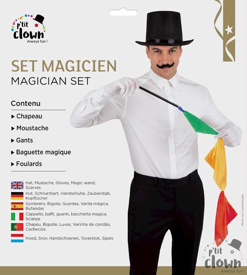 Set magicien Chapeau, moustache, gants,
