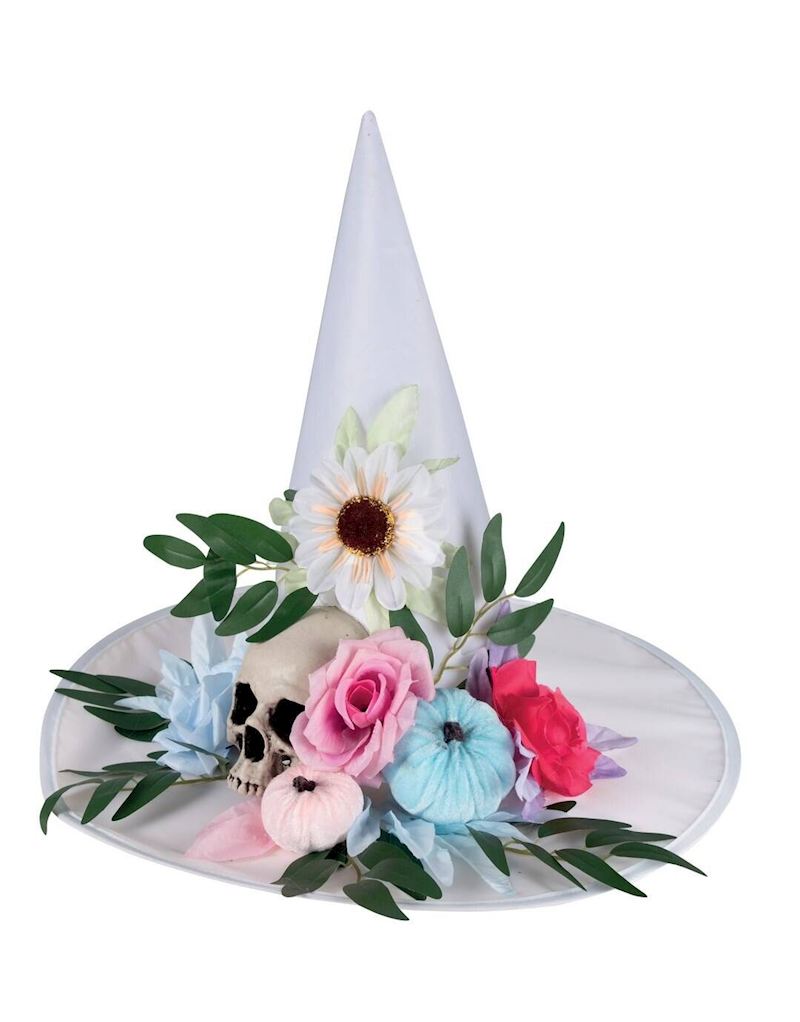 Chapeau de sorcière blanc avec fleurs