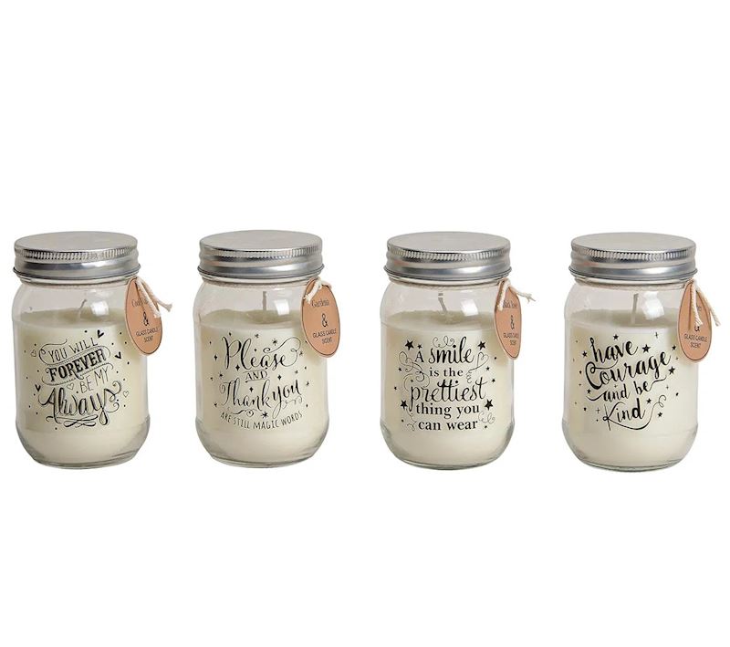 Duftkerze im Glas mit Spruch 4 sort. 7x12 cm