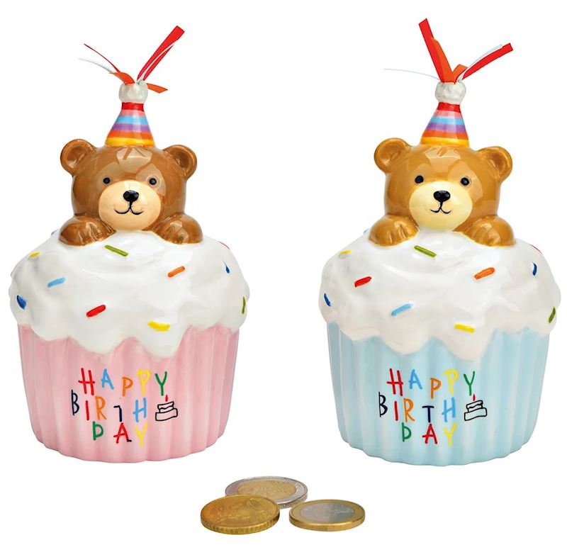 Tirelire Cupcake avec ourson Happy Birthday en céramique