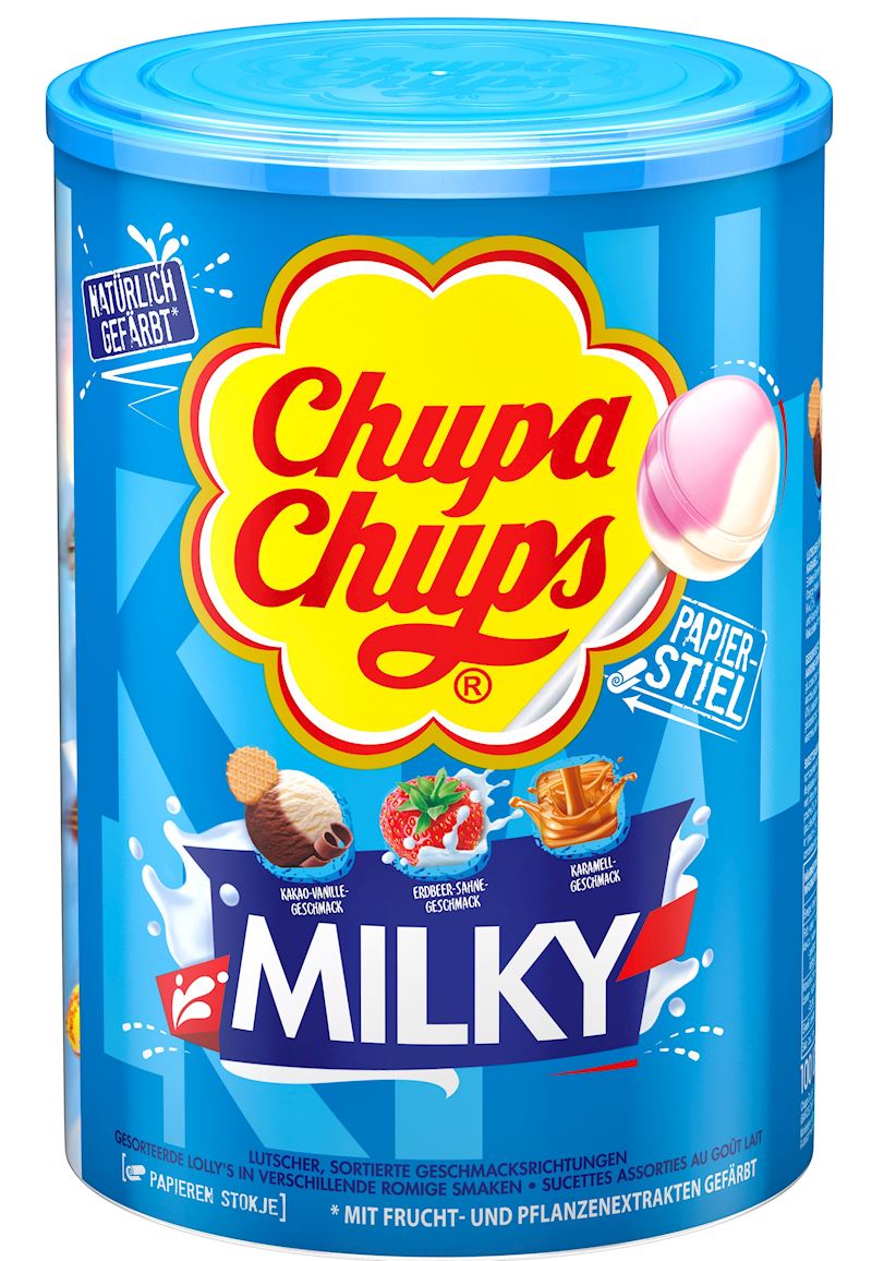 Chupa Chups Milky 3 arômes Sucettes en boîte, 100 pieces