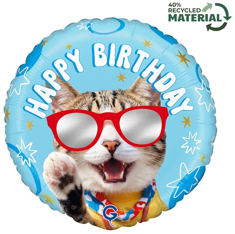 Folienballon Happy Birthday Katze mit Sonnenbrille, 46 cm
