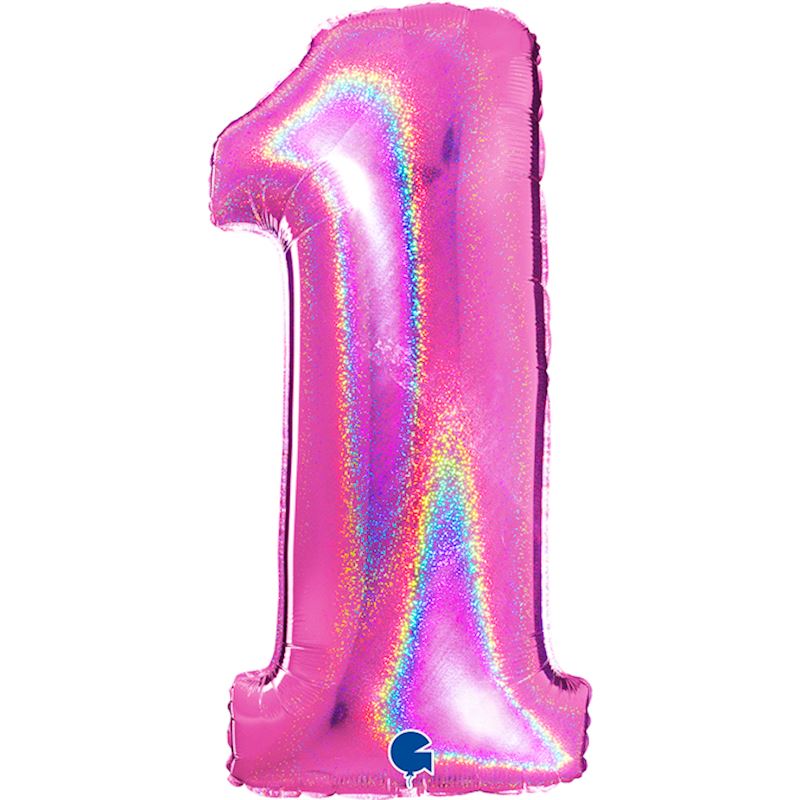 Folienballon Glitter Zahl 1 pink holo, 102 cm im Beutel