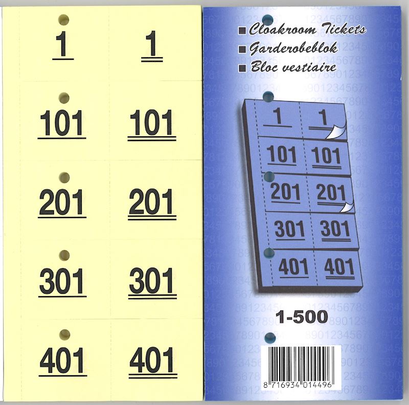 Ticket de vestiaire avec trou  1-500 jaune 98 x 38 mm