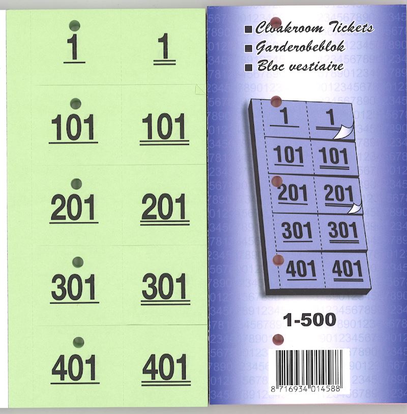 Ticket de vestiaire avec trou  1-500 vert 98 x 38 mm