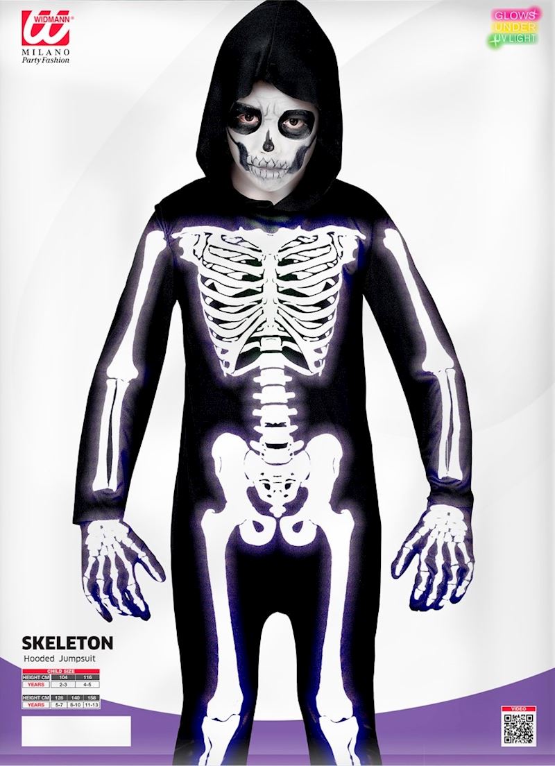 Kostüm Skelett Grösse 140 cm Overall mit Kapuze UV