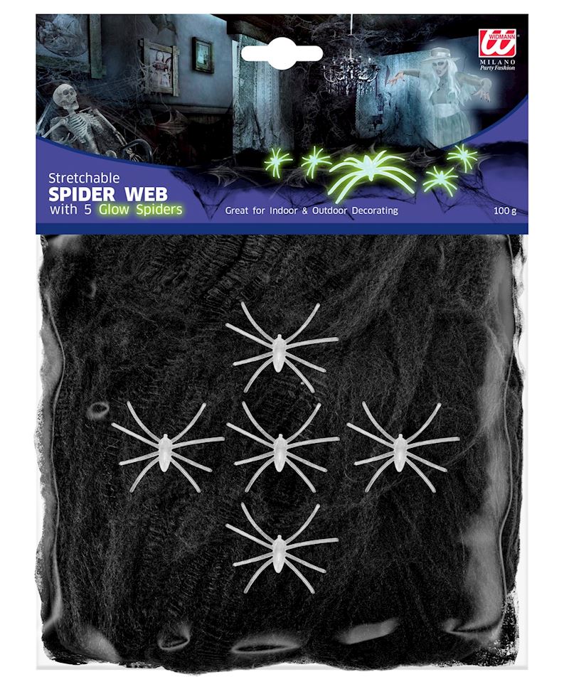 Spinnennetz schwarz 100 g mit 5 Spinnen nachtleuchtend
