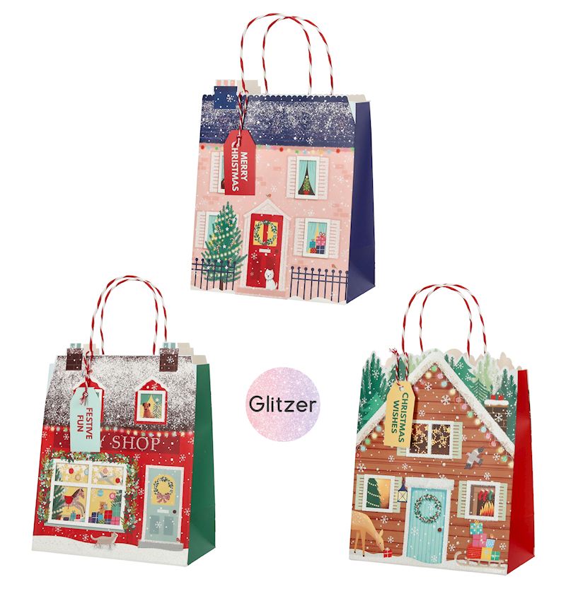 Sac cadeau maison du Noël 23 cm, 3 ass.