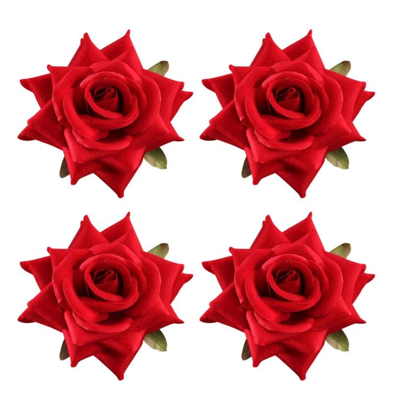 Roses en velours 4 pcs. rouge 10x5 cm