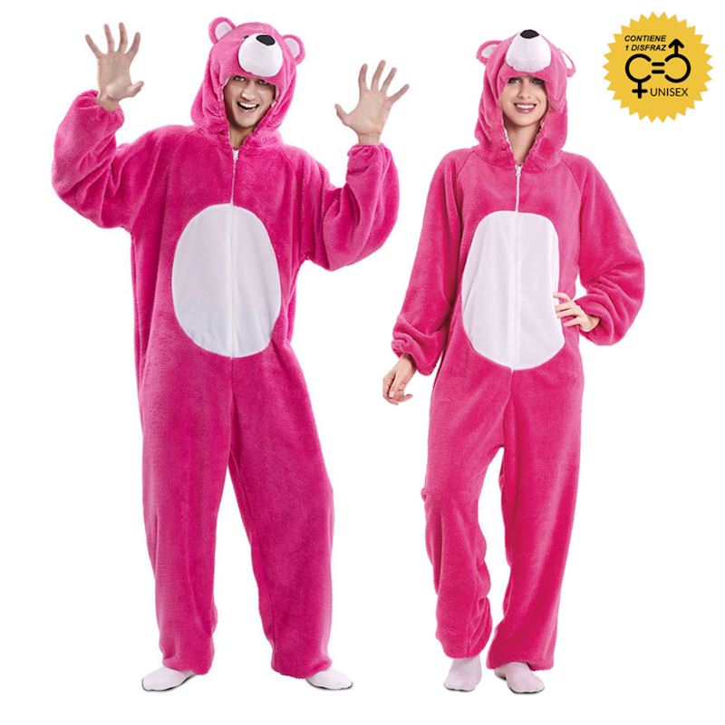 Kostüm Bär Plüsch rosa Gr. M/L Jumpsuit mit Kapuze
