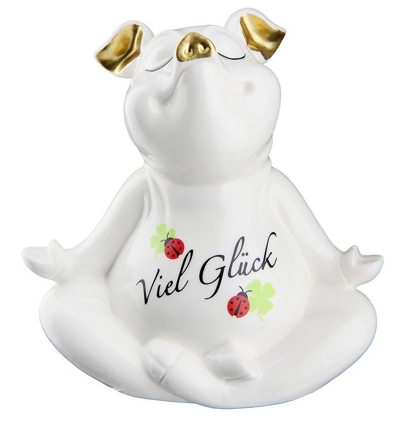Sparschwein Yoga Viel Glück Porzellan weiss 11 cm