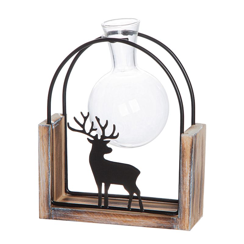 Vase dan une monture noire avec motif de cerf